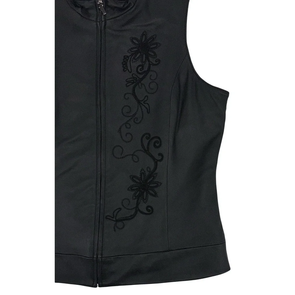 NEW Coldwater Creek Womens Leather Vest Black Small Embroidered Accents Full Zip